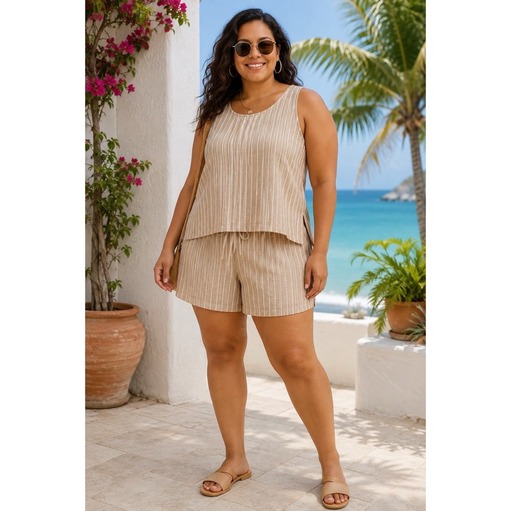 CeCe Linen Blend Lagenlook 2PC Striped Tank Shorts Set Women's XL NWT